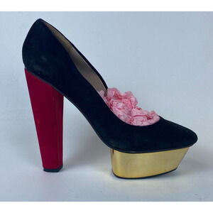 Zara Platform Disco‎ Heels Shoes Womens Size 10.5 Black Red Gold Almond Toe